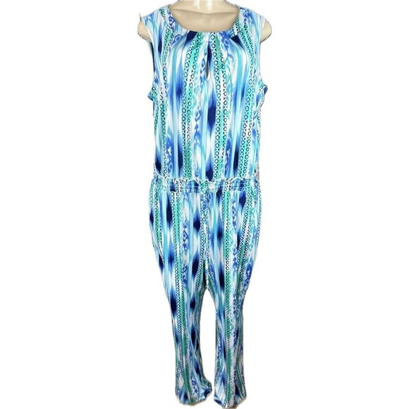 Kate & Mallory L Blue-Teal Print Shirred Waist Slit Back Sleeveless Jumpsuit - Picture 2 of 6
